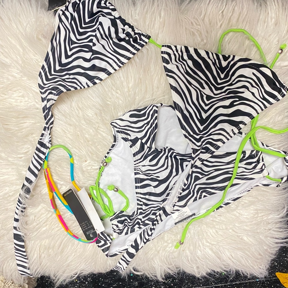 NWT zebra triangle bikini neon green